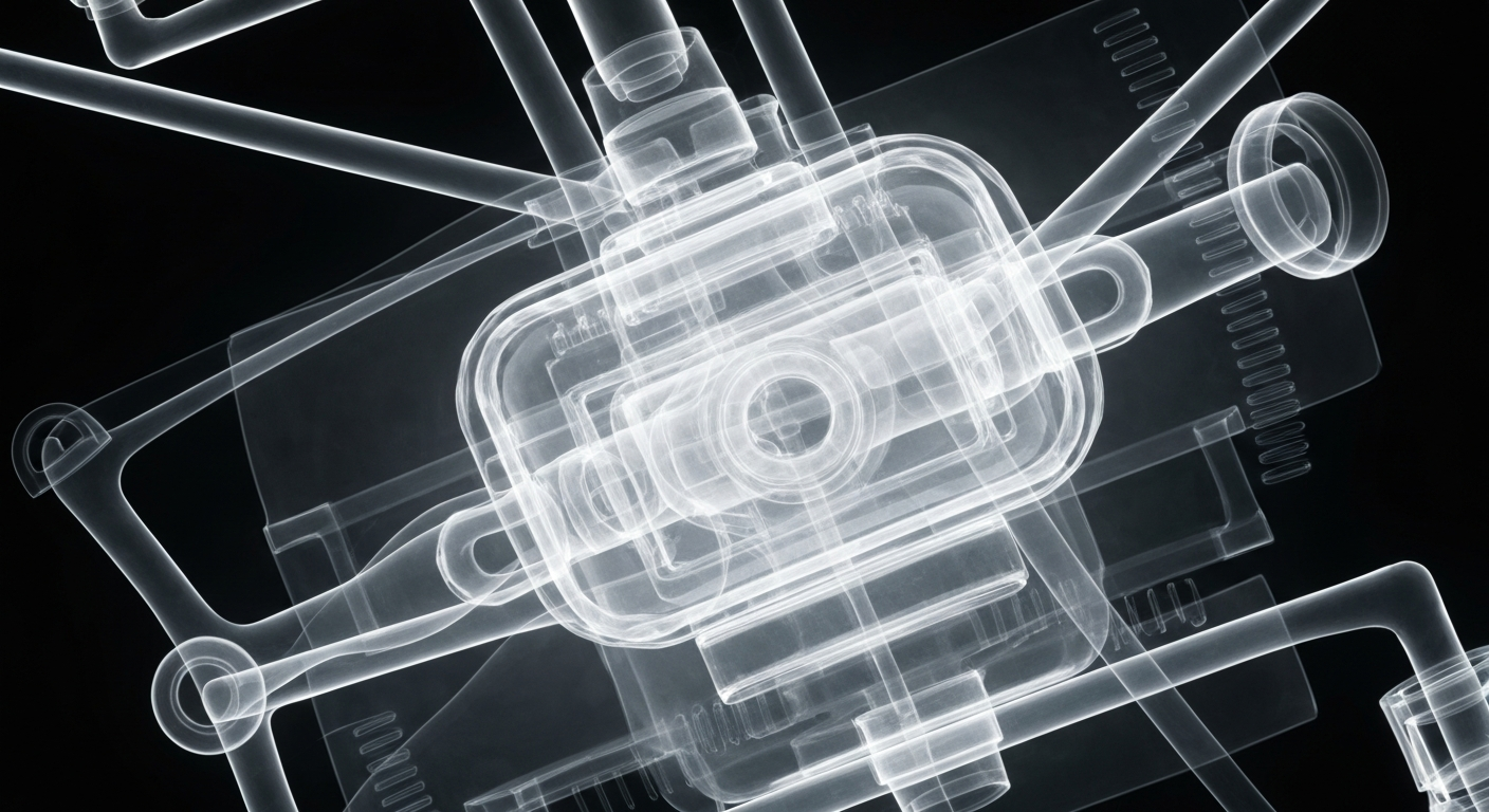 An extreme close-up of the intricate internal structure of a medical device, rendered in a ghostly, translucent X-ray style that highlights its complex engineering.