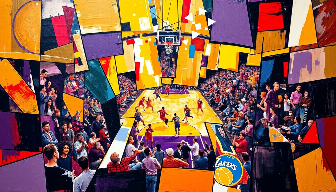 A fragmented, cubist-style painting depicting a basketball game between the Lakers and Rockets, with the players and court broken down into sharp, overlapping geometric shapes and planes of vibrant purple, gold, red, and white colors.