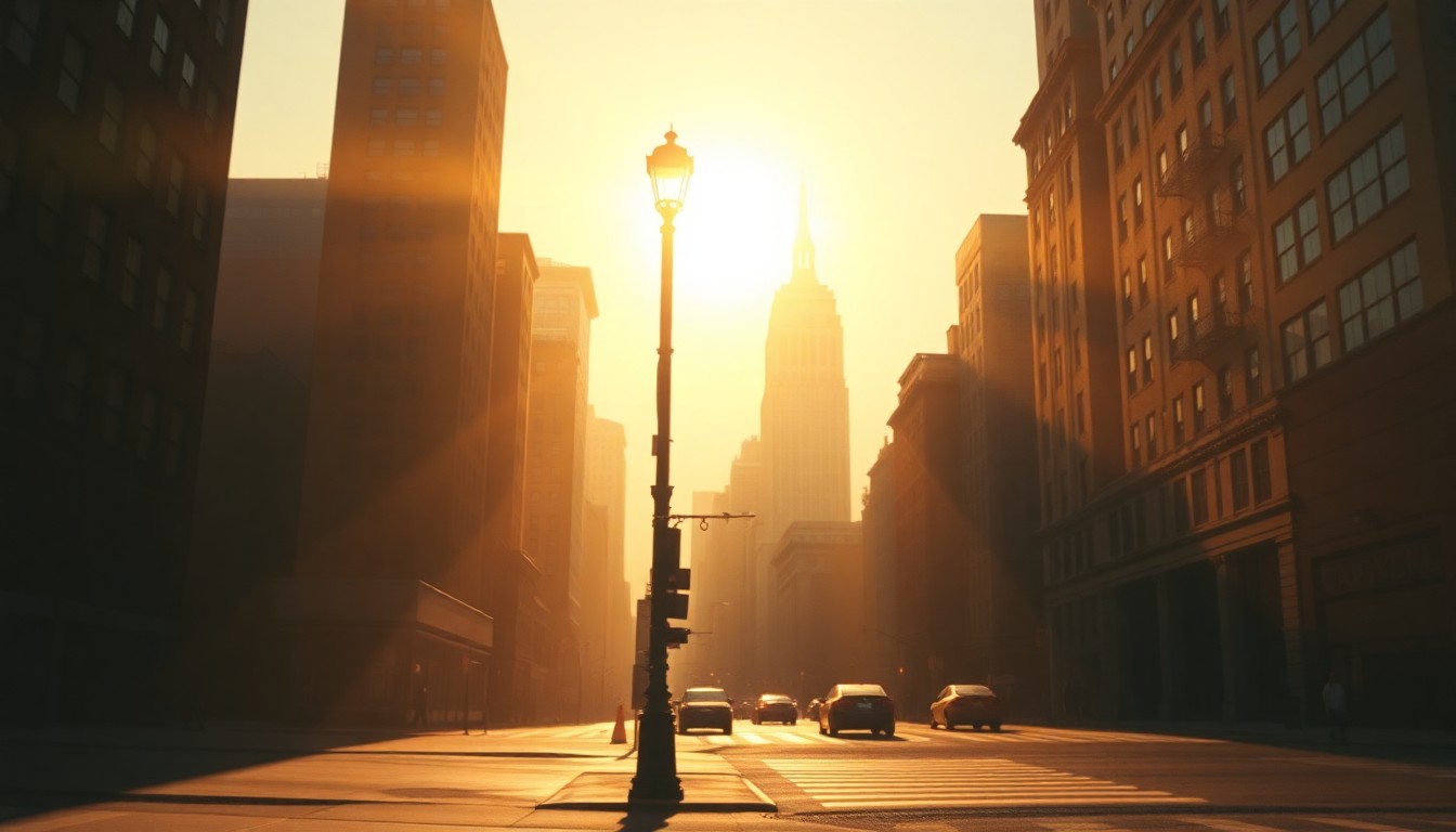 A serene, cinematic painting of a lone street lamp post on a New York City sidewalk, its warm light and deep shadows creating a contemplative mood that reflects the political changes underway in the city.