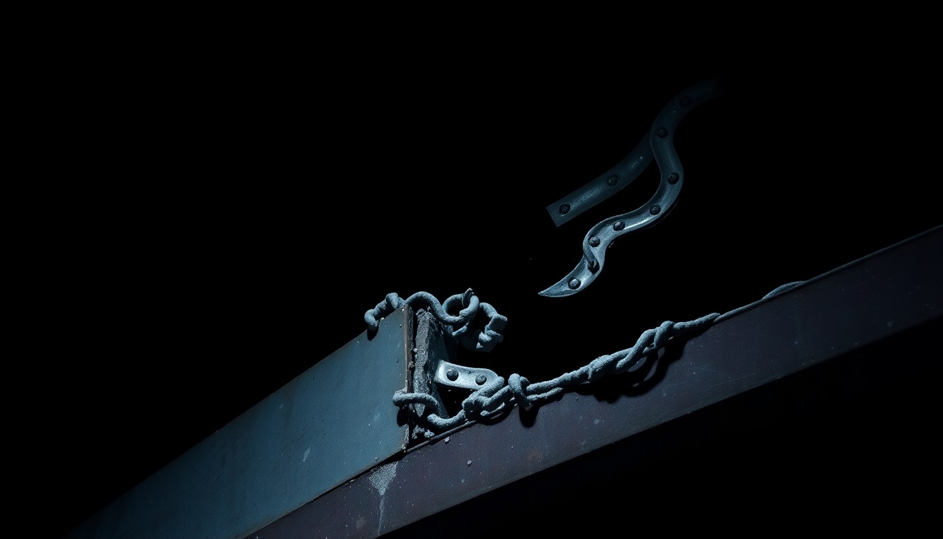 An extreme close-up photograph of a twisted, crumpled steel beam from the collapsed parking garage, captured in stark, dramatic lighting that evokes a sense of investigation and loss.
