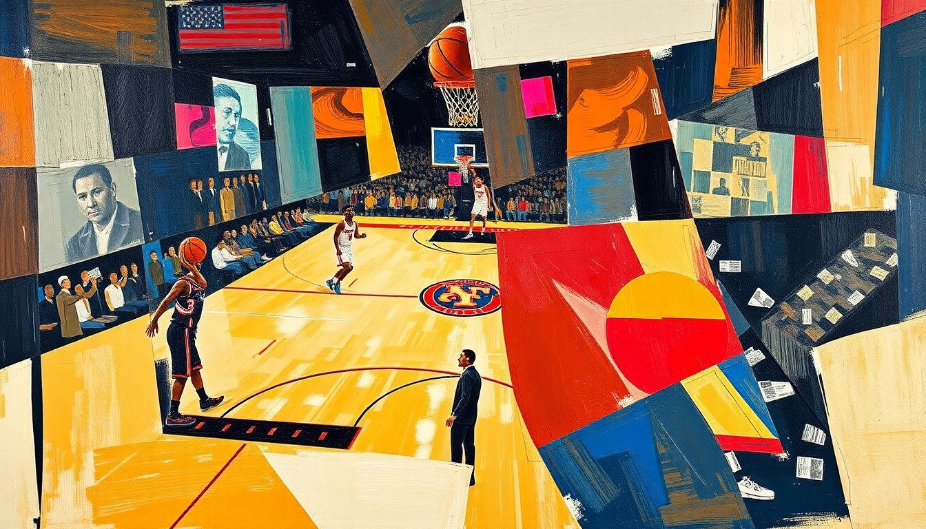 A cubist, geometric painting depicting an abstract basketball game, with overlapping shapes and planes representing the action on the court between the two teams.