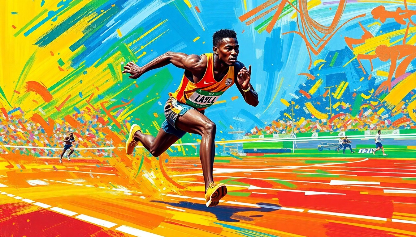 A vibrant, energetic painting in neon colors depicting the explosive motion of a hurdler racing towards the finish line, capturing the raw athletic energy of the Hopkinsville track and field team's performance.