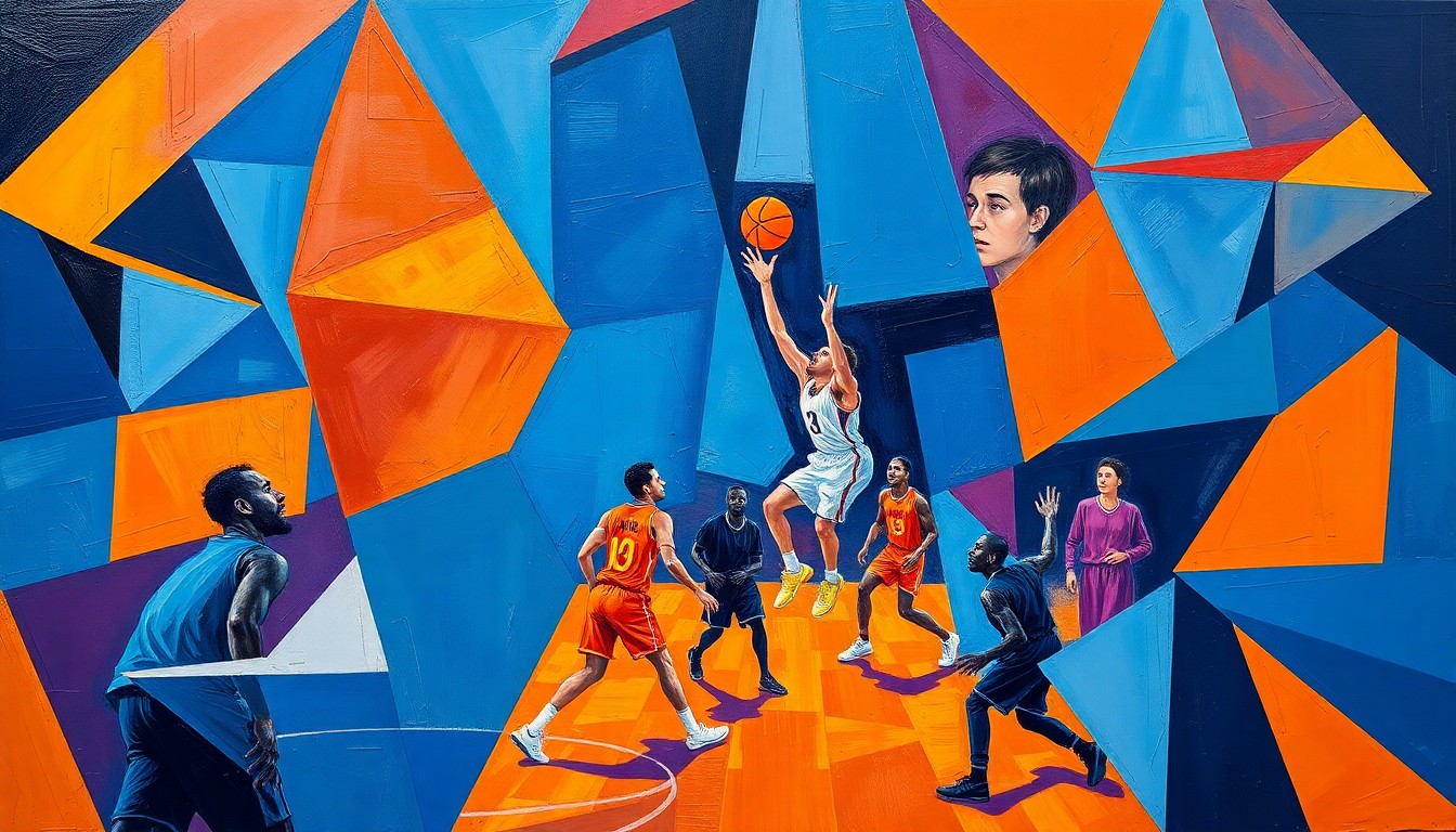 A fragmented, geometric painting depicting the dynamic movements and energy of a basketball game, with the players' forms broken down into sharp, overlapping shapes in a vibrant color palette.