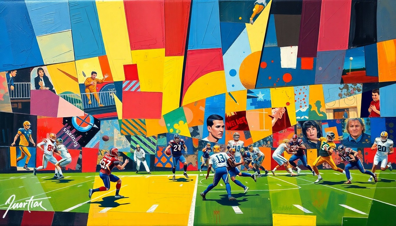A cubist-style painting depicting a fragmented, geometric representation of a football game or NFL action, with sharp, overlapping planes of color in a vibrant palette.