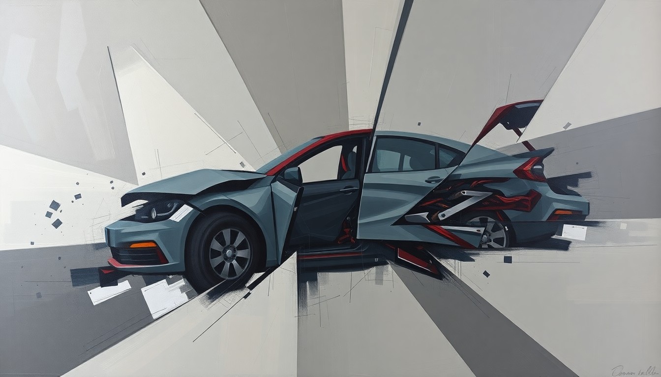 A fractured, cubist-style painting depicting the chaotic aftermath of a car accident, with sharp geometric shapes and planes in muted colors representing the scene.