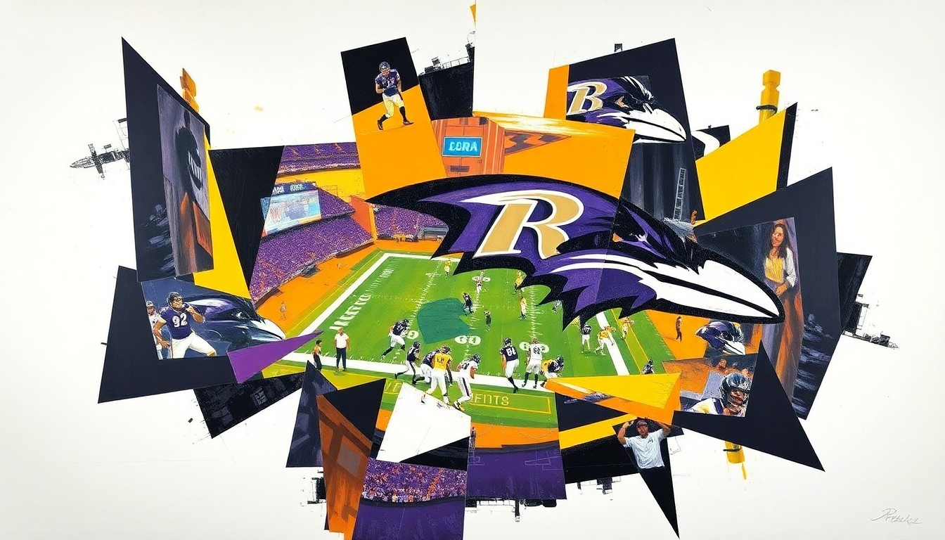 A cubist, geometric painting depicting fragmented and overlapping shapes in the colors of the Baltimore Ravens, representing the team's multifaceted draft strategy and the dynamic nature of the NFL draft process.