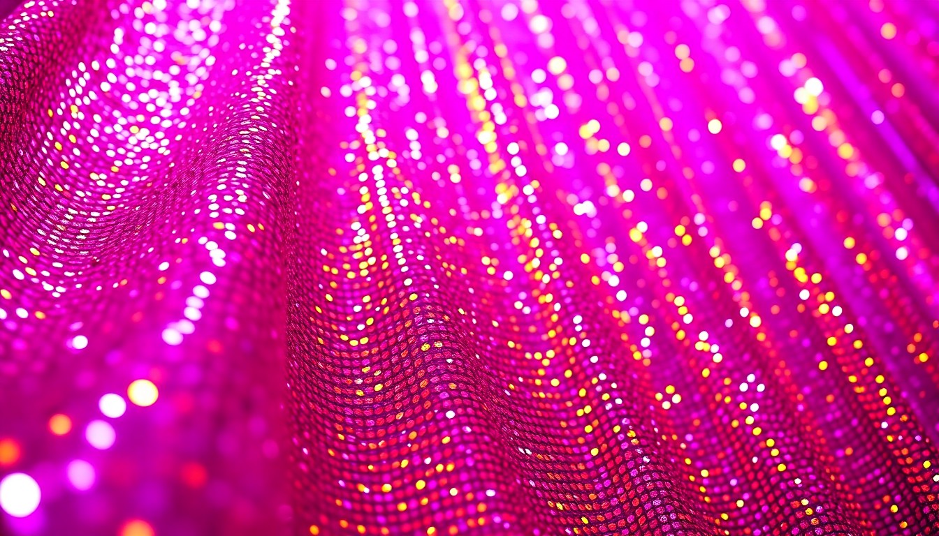 An extreme close-up photograph of shimmering, sequined fabric in vibrant fuchsia and gold hues, capturing the glamorous, high-fashion aesthetic of a Coachella music festival stage.