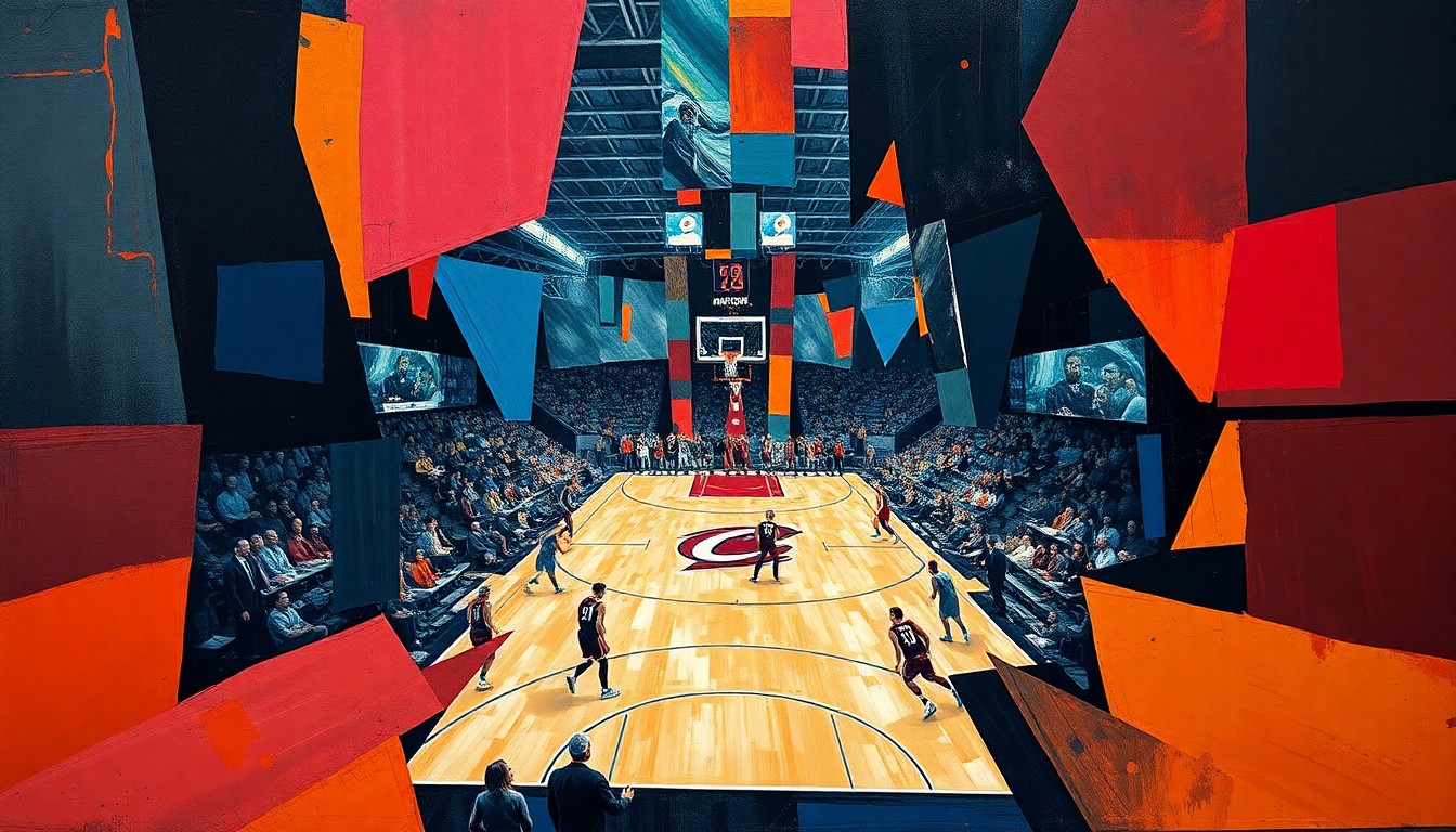 A cubist, geometric painting depicting a basketball game between two teams, with the players and court broken down into sharp, overlapping shapes and planes of color, capturing the dynamic energy and competition of the playoff matchup.