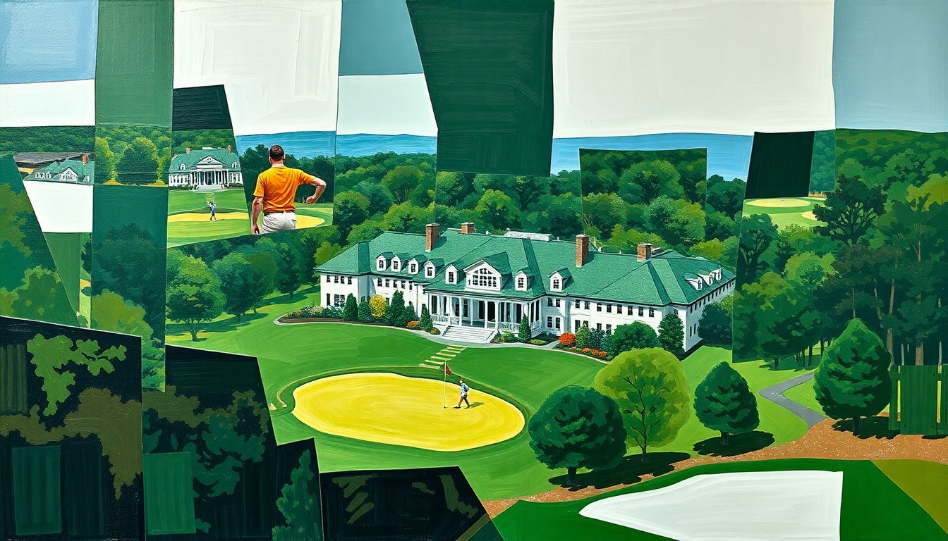 A fragmented, cubist-style painting depicting the iconic Augusta National Golf Club clubhouse and surrounding landscape, broken down into sharp, overlapping geometric shapes and planes in a palette of deep greens, earthy browns, and bright white, conceptually representing the multifaceted influence of Texas golfers on the Masters Tournament.