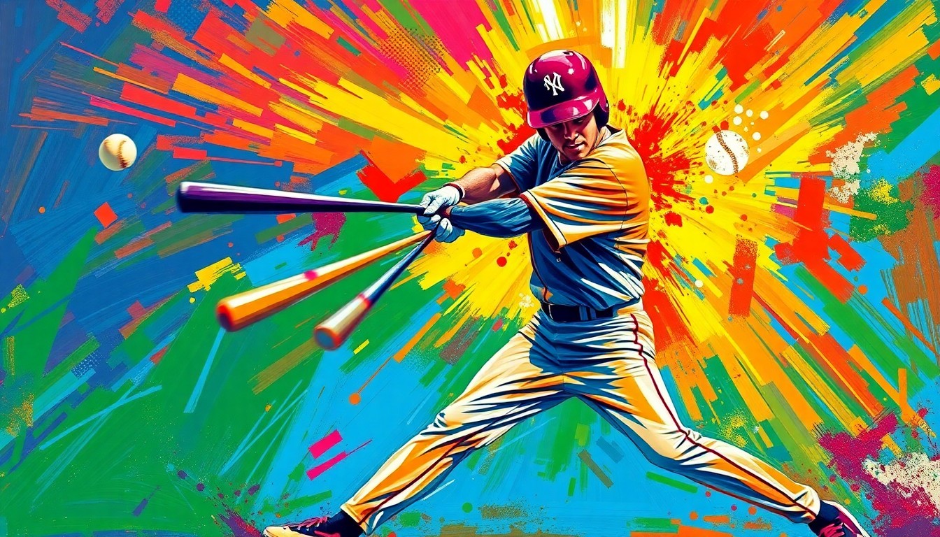 An abstract, energetic painting with vibrant neon brushstrokes capturing the dynamic motion and raw power of a baseball player's home run swing.