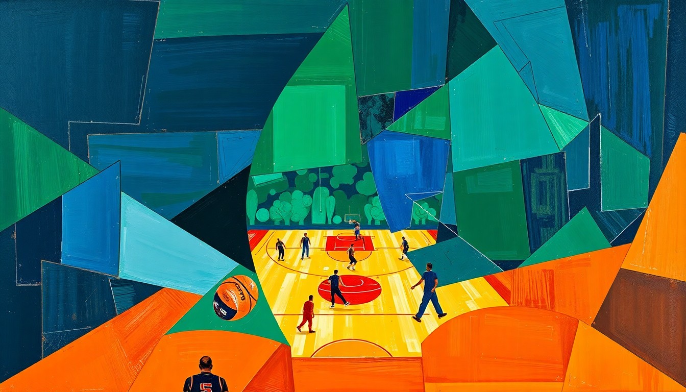 A cubist, geometric painting depicting a fragmented basketball game, with sharp planes of navy, green, and orange overlapping to create a dynamic, abstract scene.