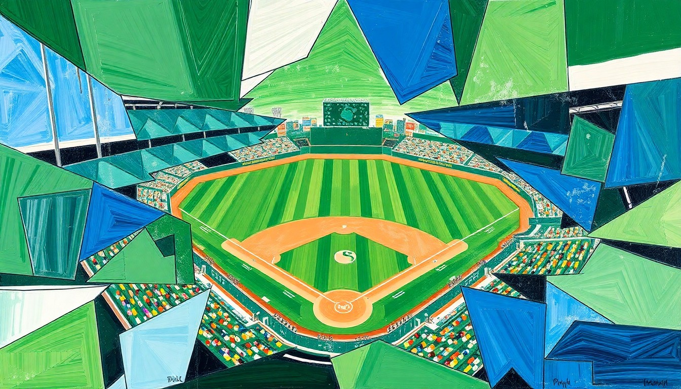 A cubist, geometric painting depicting a baseball game broken down into overlapping planes of green, white, and blue, conceptually representing the complex dynamics of the Royals' performance.