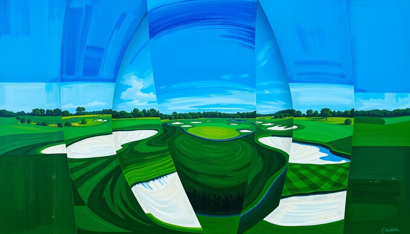 A fragmented, cubist-style painting depicting a golf course scene with sharp, overlapping geometric shapes in shades of green, white, and blue, conceptually representing the dynamic final round of the 2026 Masters tournament.