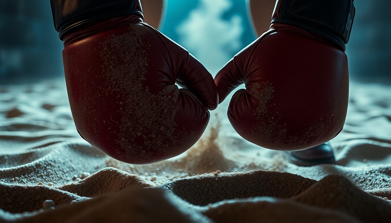 An abstract close-up photograph of a pair of boxing gloves and the sand beneath them, capturing the intense textures and high-contrast lighting of a workout routine.