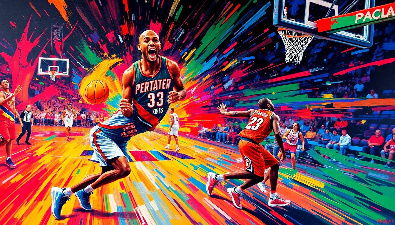A vibrant, expressionist painting depicting the fast-paced action of a basketball game, with players' figures dissolving into colorful, energetic brushstrokes that capture the raw emotion and athleticism of the sport.
