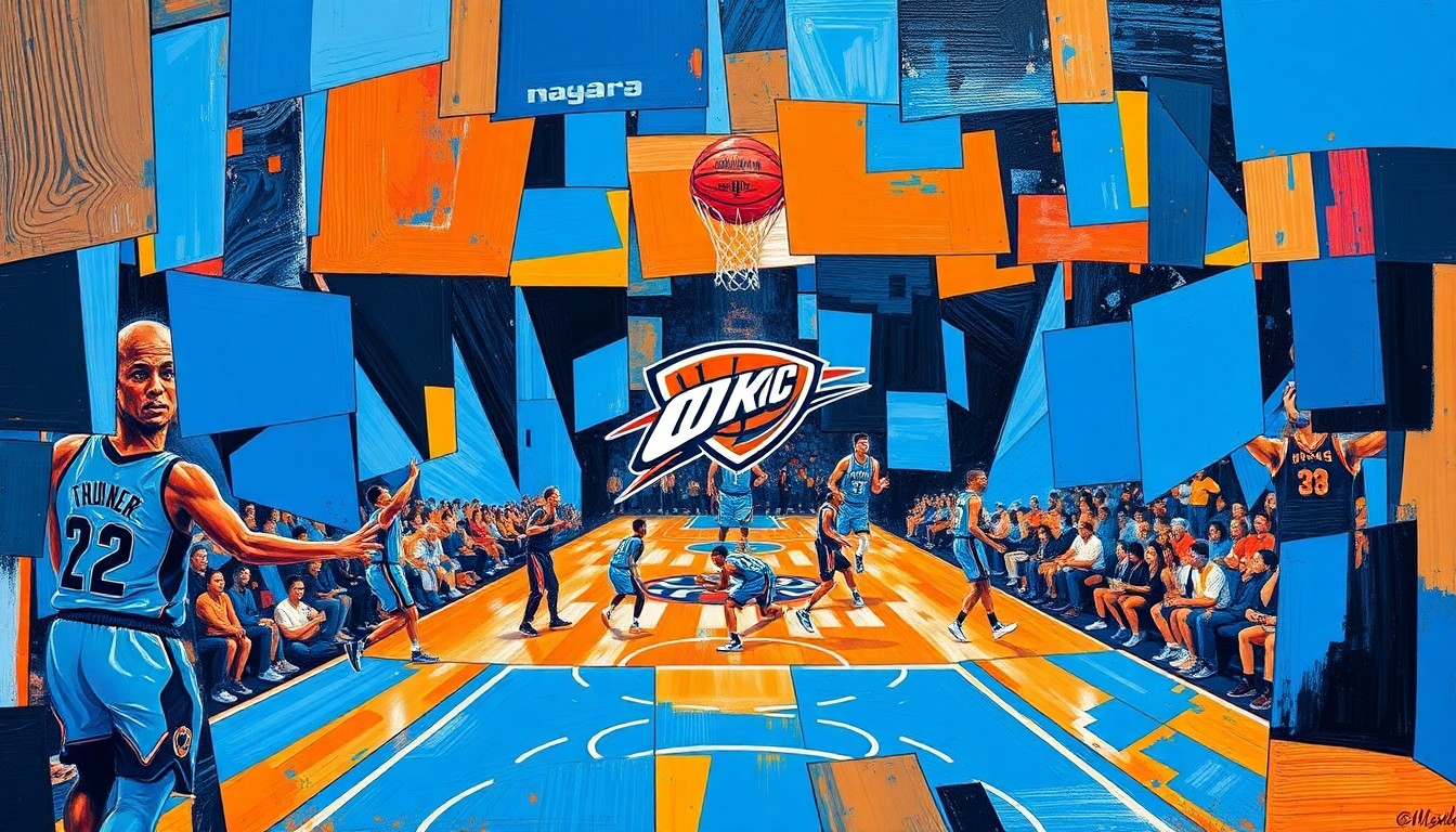 A cubist, geometric painting depicting a basketball game broken down into sharp, overlapping planes of bright blue and orange, representing the Oklahoma City Thunder's playoff run.