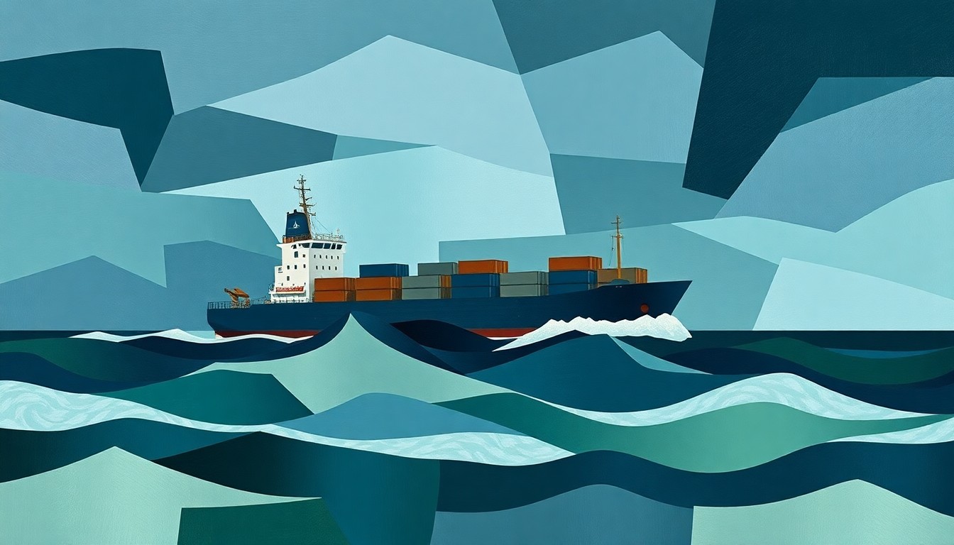 A dynamic, abstract painting of a cargo ship sailing through turbulent waters, with overlapping geometric shapes and brushstrokes in shades of blue, gray, and green, conveying a sense of movement and instability.