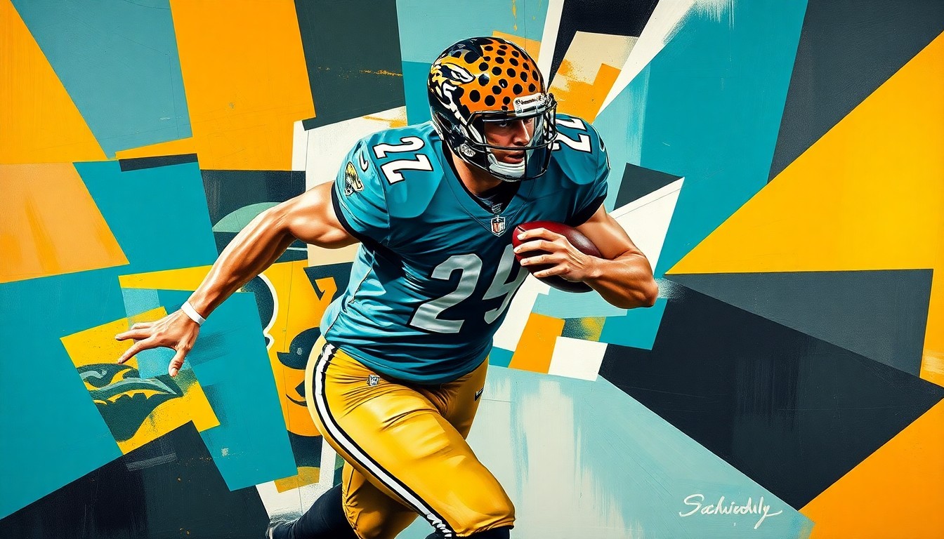 A fractured, multi-perspective painting depicting a football player in motion, broken down into sharp, overlapping geometric planes of teal, gold, and black colors.