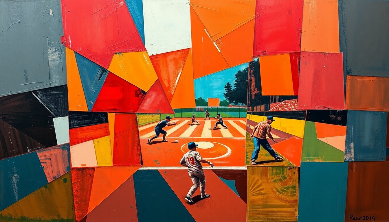 A dynamic, cubist-style painting depicting a fragmented scene of a softball or kickball game, with the players and field broken down into sharp, overlapping geometric shapes in a bold color palette, conveying the energy and emotion of a community-driven fundraising event.