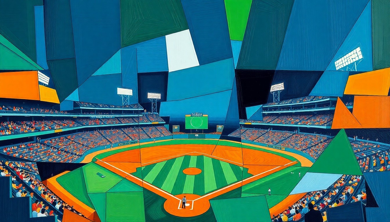 A fractured, multi-perspective painting in bold, overlapping geometric shapes and planes, capturing the frenetic energy of a college baseball game in an abstract, deconstructed style.