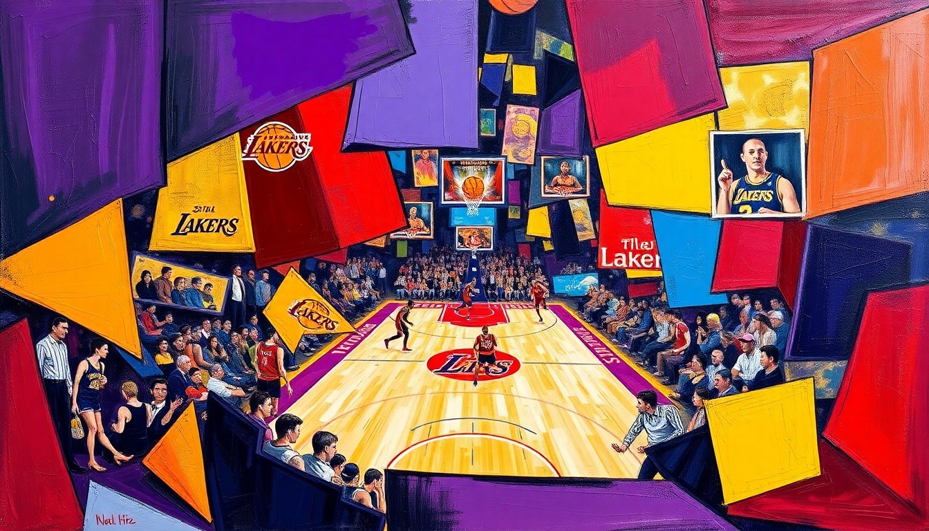 A cubist, geometric painting depicting a basketball game between the Lakers and Rockets, with the players and court broken down into sharp, overlapping planes of vibrant purple, gold, red, and blue colors.