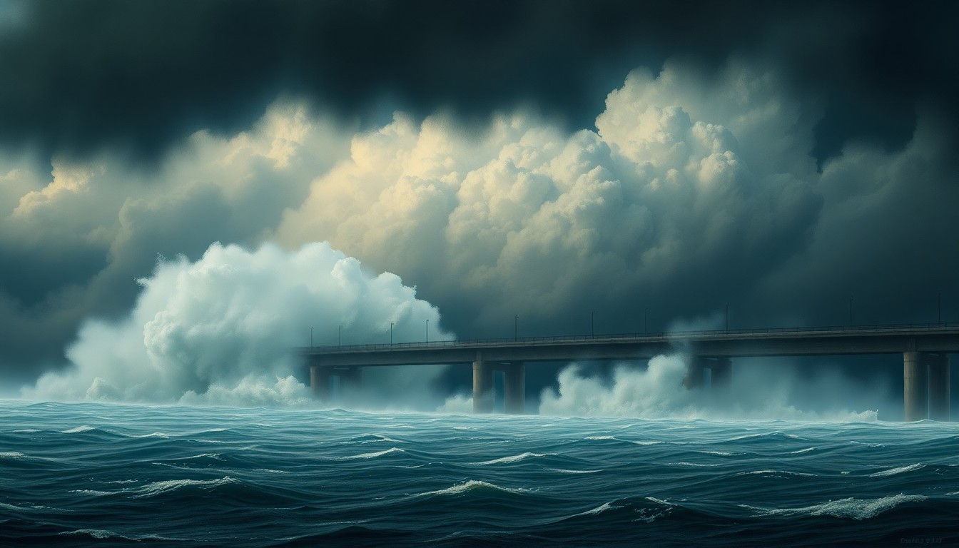 A sweeping, atmospheric landscape painting depicting a partially obscured bridge in the distance, surrounded by rising floodwaters and dramatic storm clouds, conveying the overwhelming power of nature and the challenges faced by communities in dealing with extreme weather events.