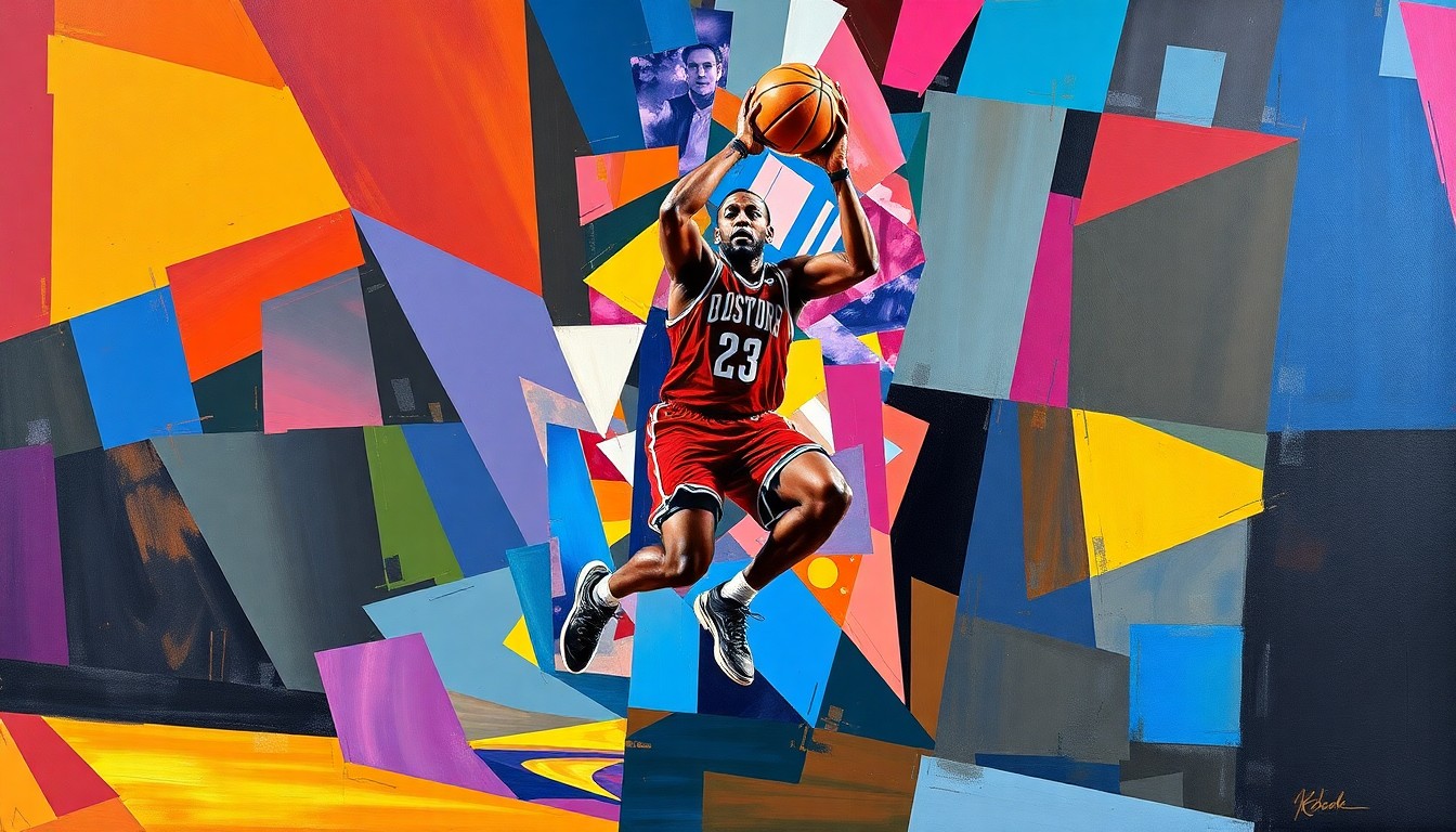 A fractured, cubist-style painting depicting Chaney Johnson's basketball action and journey, with sharp, overlapping geometric shapes in vibrant colors representing the grit and determination of his path to the NBA.