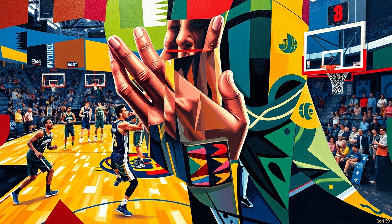 A cubist-style painting depicting a basketball player's injured hand in the foreground, surrounded by fragmented, geometric shapes and planes representing the court and other players in motion, all in the vibrant colors of the Mavericks and Jazz teams.