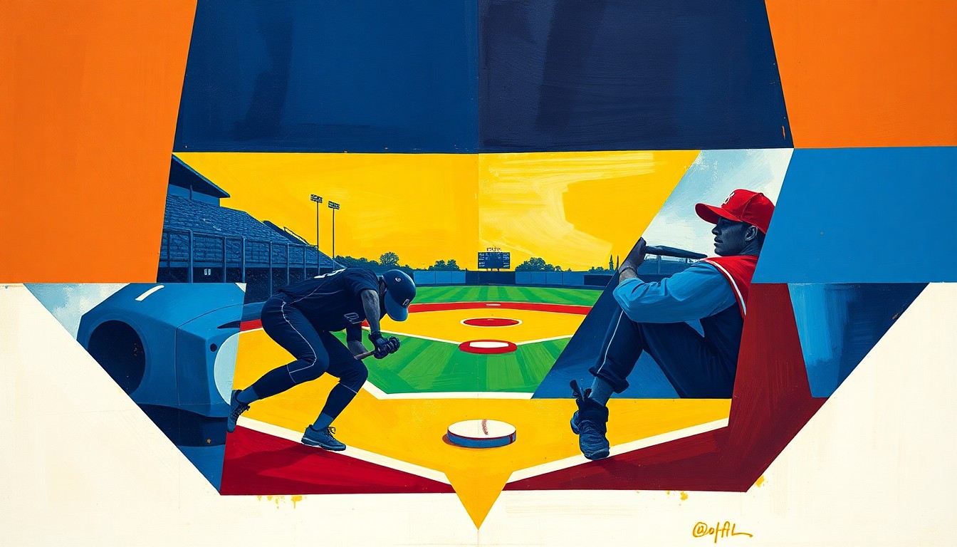 A fractured, cubist-style painting depicting a college softball game, with sharp geometric shapes and planes of navy blue, gold, and red representing the dynamic action on the field.