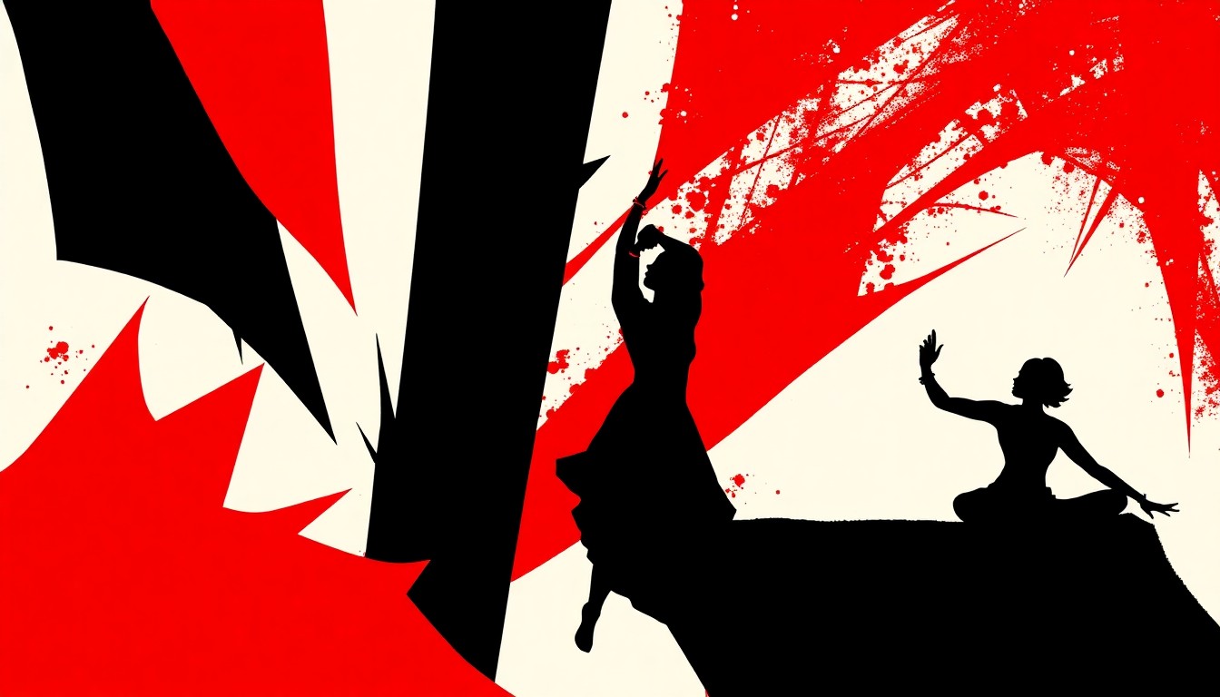 A striking, minimalist illustration featuring bold, jagged shapes in red and black, conceptually representing the range of Indian dance styles and performers featured in the Nritya Darpan showcase.