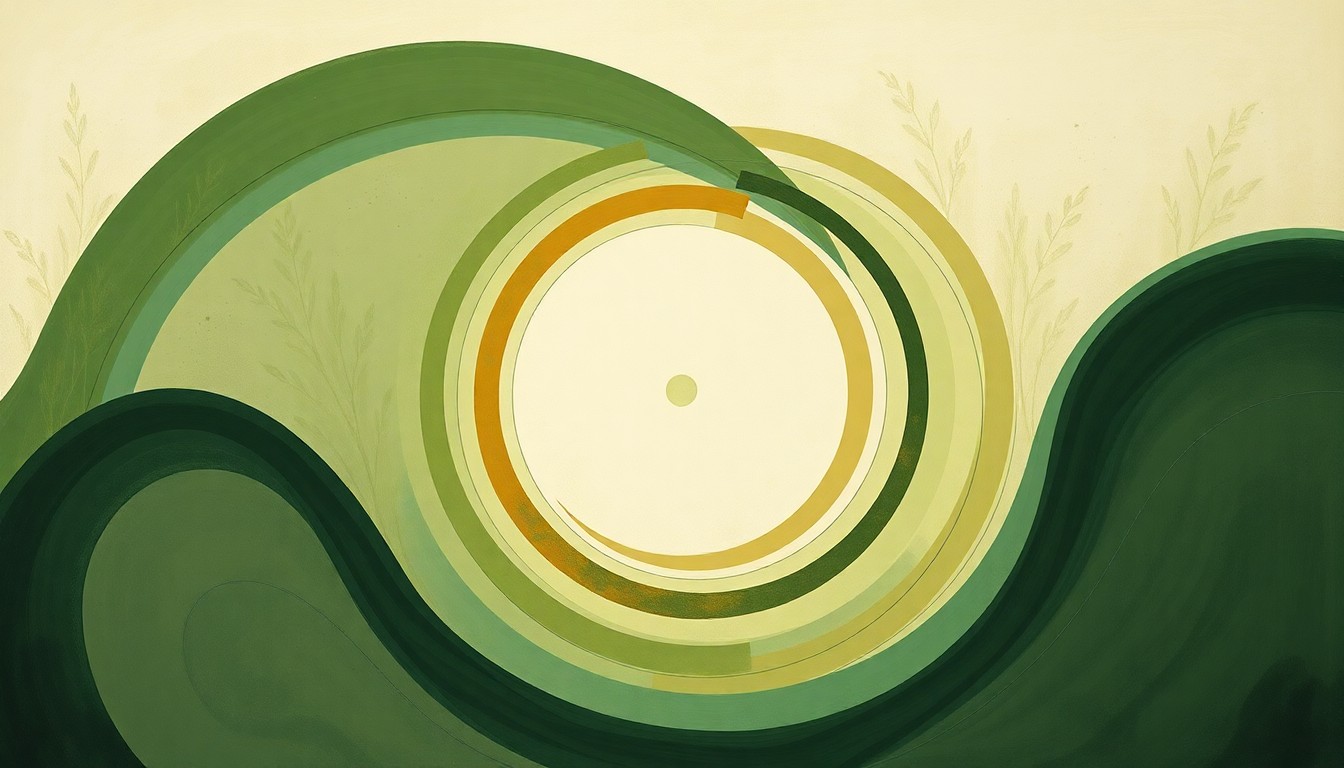 A highly textured, abstract painting in soft, earthy tones of green, brown, and blue, featuring sweeping geometric shapes and precise botanical spirals that conceptually represent the interconnected natural systems and working landscapes preserved through Florida's conservation efforts.