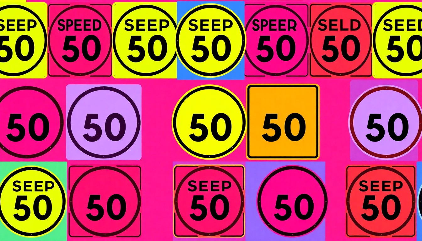 A highly stylized, abstract grid of a single road sign icon rendered in a bold, neon color palette, conceptually representing the community's worries over the redesigned Barwick Road.