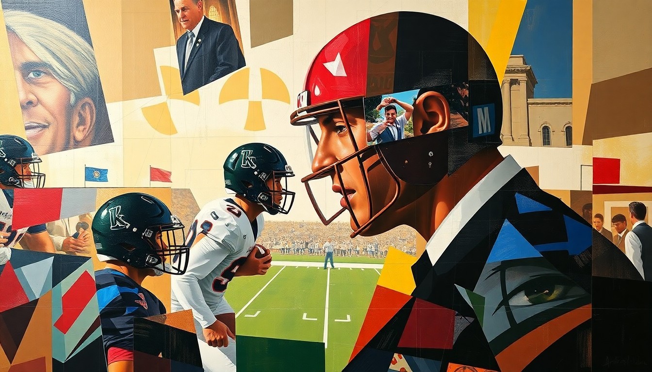 A cubist-style painting featuring fragmented geometric shapes and planes in shades of green, blue, and orange, conceptually representing the competitive and complex nature of college football player recruitment.