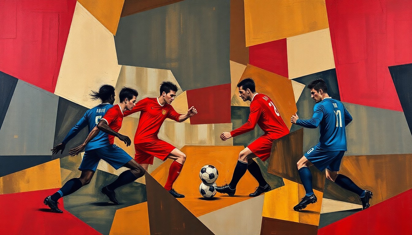 A fragmented, geometric painting depicting a football match or training session, with the players' forms broken down into sharp, overlapping planes of color in a palette of deep reds, dark blues, and earthy browns, capturing the intense pressure and scrutiny facing the new Manchester United manager.