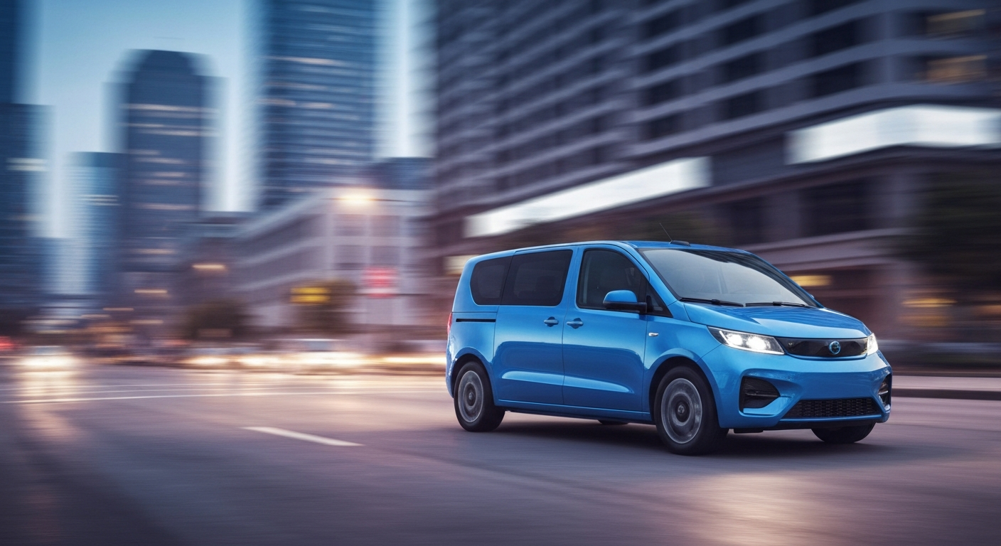 A high-speed electric delivery van in a dramatic chase, with vibrant streaks of color and motion blur conveying pure speed and power.