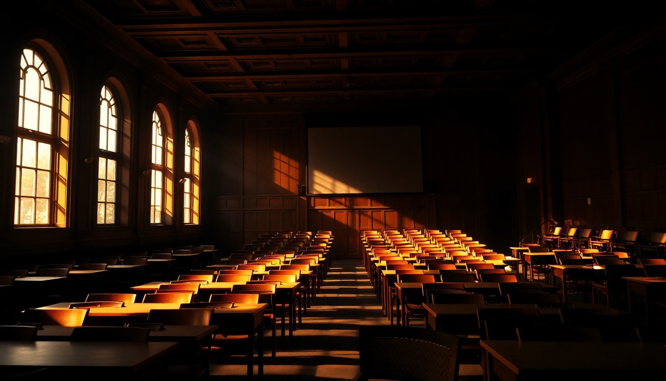 A dimly lit, cinematic interior scene of an empty lecture hall at Yale University, with warm, diagonal sunlight streaming through the windows and deep shadows cast across the wooden desks and chairs, creating a sense of quiet contemplation.
