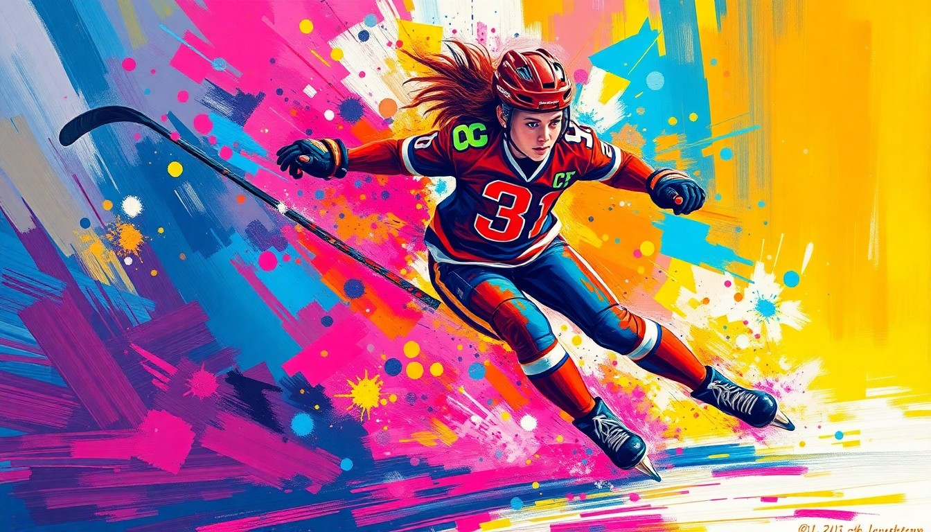 An abstract, expressionist painting in neon colors depicting the dynamic movement and energy of a hockey player on the ice, with the player's jersey and equipment dissolving into vibrant brushstrokes.