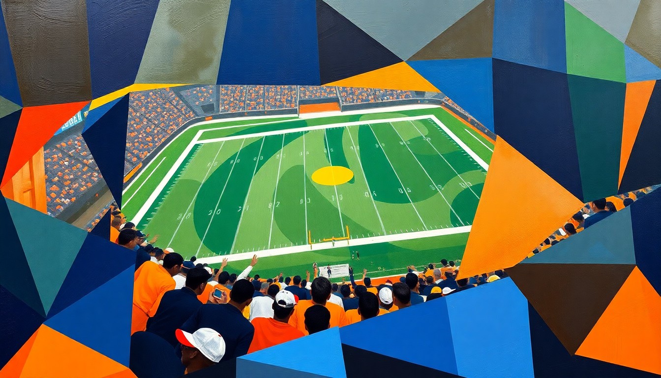 A cubist, geometric painting depicting a fragmented, multi-angled view of a football game or draft event, with sharp planes of navy blue, forest green, and burnt orange representing the Pittsburgh setting.