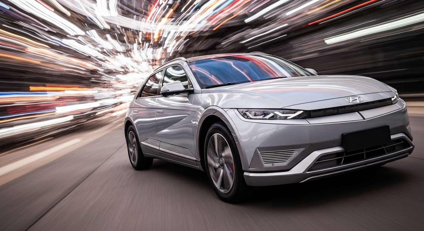 An abstract, colorful image depicting a Hyundai Ioniq 5 electric vehicle in motion, with blurred, sweeping lines and vibrant hues conveying a sense of speed and modern engineering.