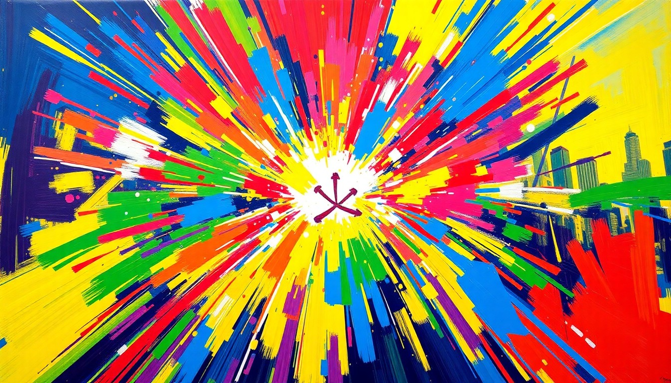 An abstract, expressionist painting in vibrant neon colors, with rapid brushstrokes capturing the dynamic movement and energy of a basketball game, representing the Orlando Magic's offensive explosion against the Sacramento Kings.