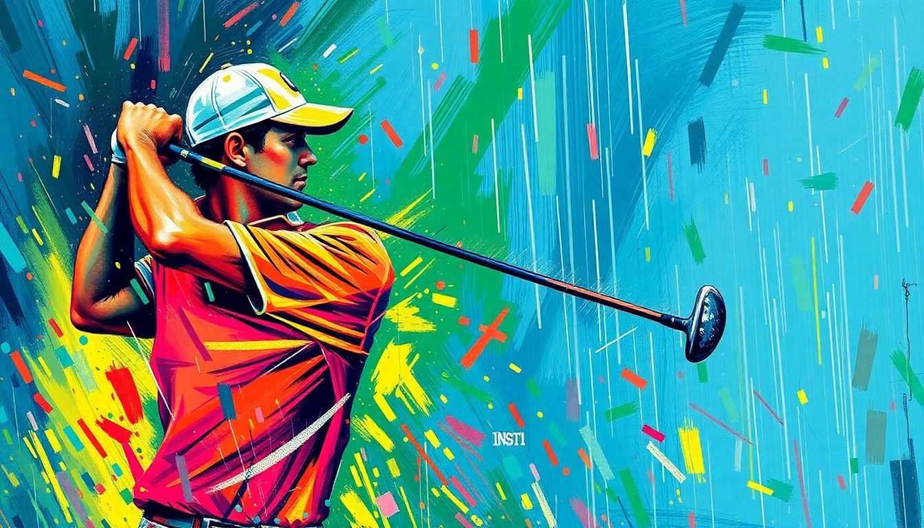An abstract, energetic painting featuring a golfer's silhouette swinging a club amidst a blur of neon-colored brushstrokes, capturing the dynamic motion and intensity of a rain-delayed tournament.