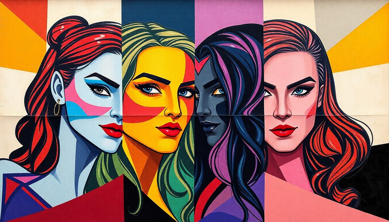 A fractured, multi-perspective painting in vibrant colors and sharp geometric shapes, representing the dynamic energy and diverse talents of the four teams competing for the WWE Women's Tag Team Championship.