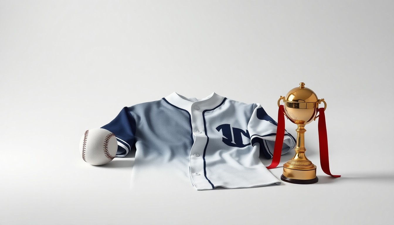 A high-end, photorealistic studio still-life photograph featuring a baseball, a team jersey, and a trophy arranged elegantly on a clean, monochromatic background, conceptually representing the business and global strategy of a professional sports team.