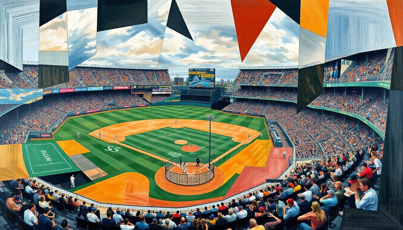 A fragmented, geometric painting depicting the dynamic movements and competing perspectives of a baseball game, with players and the field rendered in sharp, overlapping planes of color and form.