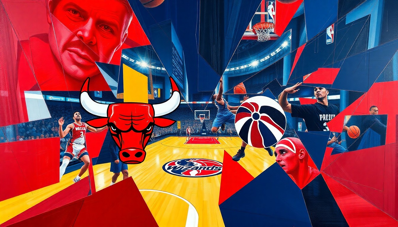 A fragmented, geometric painting in bold colors, depicting a basketball game in motion with overlapping planes and perspectives, conveying the dynamism and competitive spirit of the Bulls' win over the Wizards.