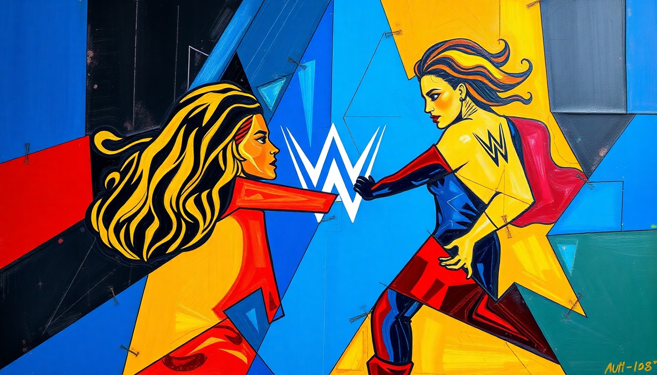 A cubist, geometric painting in vibrant colors depicting a fractured, multi-perspective view of a WWE women's tag team match, conceptually representing the uncertainty and potential changes to the WrestleMania 42 event.