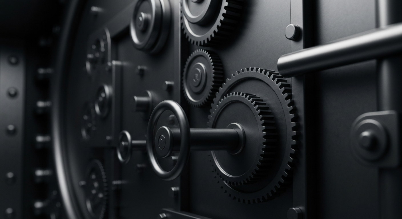 An extreme close-up of the intricate mechanical components of a bank vault, representing the complex financial infrastructure underlying the evolving Bitcoin market.