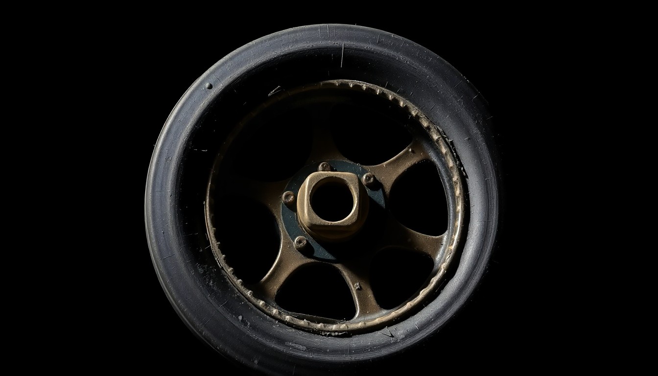 An extreme close-up photograph of a shattered skateboard wheel, the harsh lighting and dark background conveying the sudden and violent nature of the car-pedestrian crash.