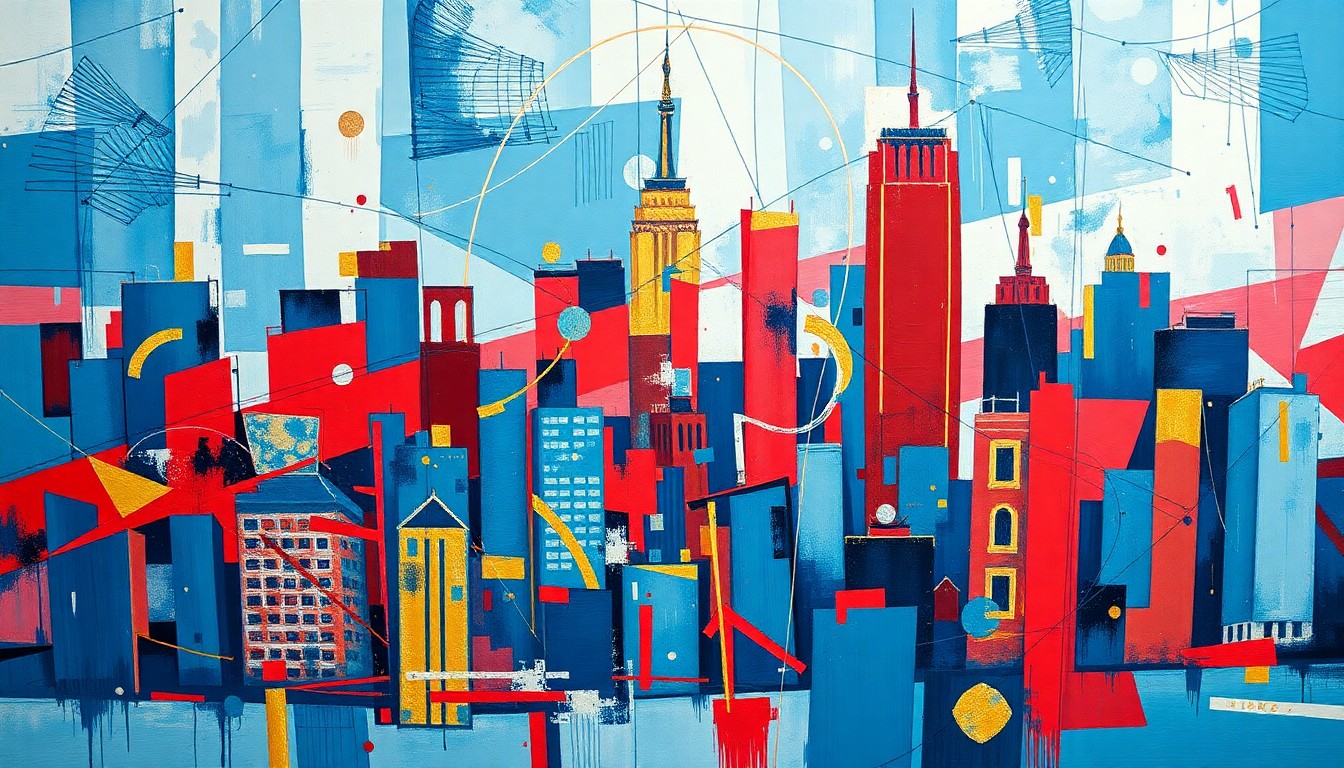 A vibrant, abstract painting featuring the iconic New York City skyline in a state of fractured, overlapping geometric shapes and lines, conveying a sense of dynamic change and transformation.