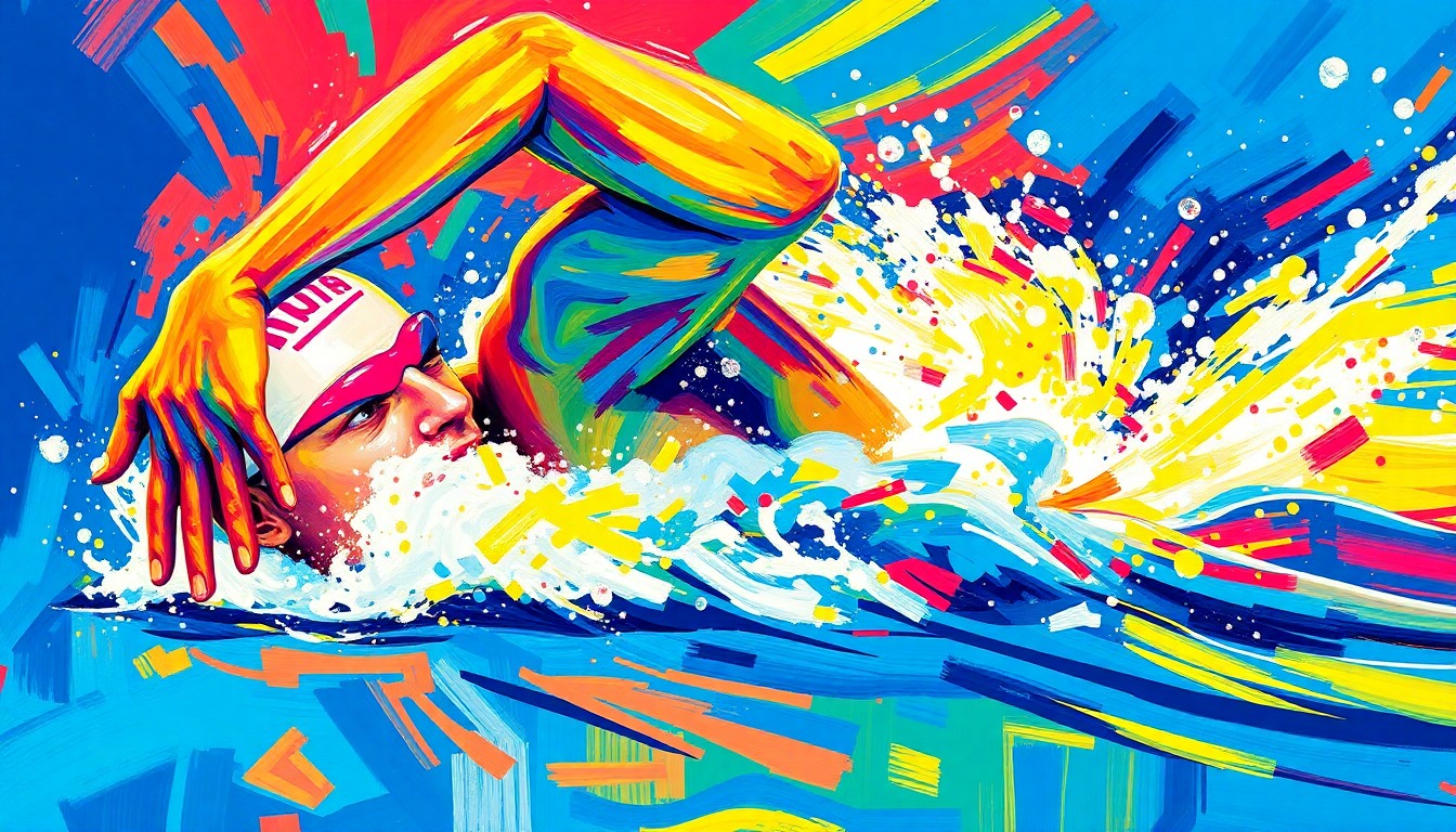 An abstract, expressionist painting in vibrant neon colors depicting the fluid movements and energy of a swimmer in the 200-meter backstroke.